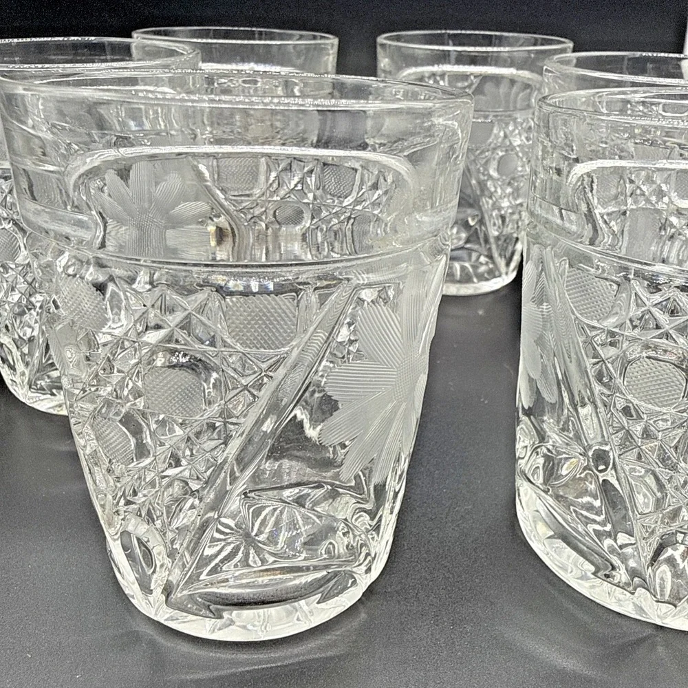 Vintage Etched Rose Cut Glass Pitcher and 6 Matching Floral Tumbler Glasses Set